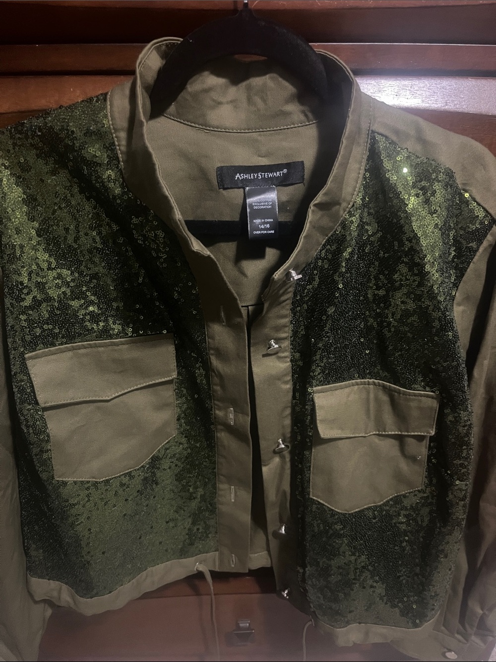 Ashley Stewart Olive Sequin Military-Style Field Jacket